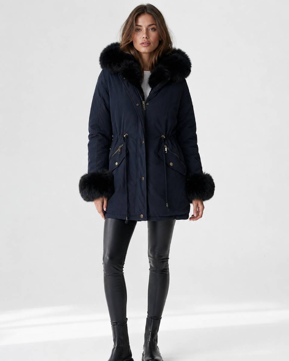 Parka de iarnă cu blană, de culoare bleumarin