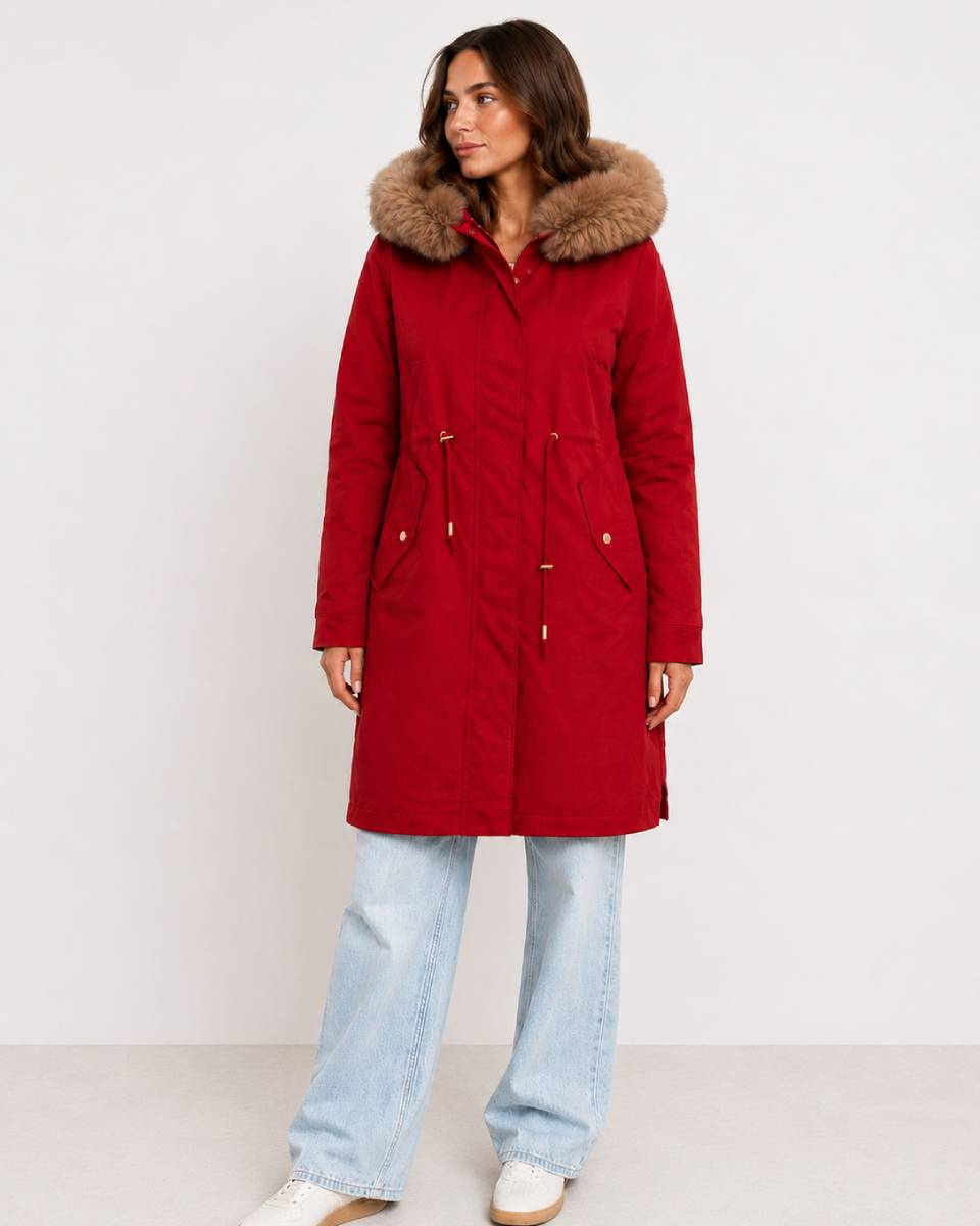 Parka de iarnă roșie pentru femei, cu blană și glugă