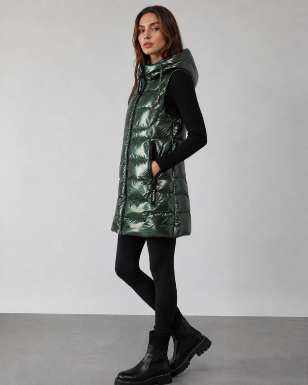 Vestă lucioasă de damă cu glugă, verde