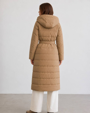 Palton feminin reversibil, cu glugă, de culoare camel