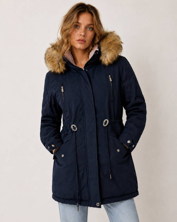 Jachetă de iarnă tip parka reversibilă, în culorile bleumarin și roz, cu glugă și blană detașabilă