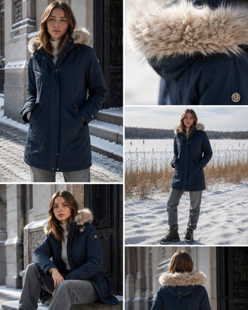 Parka de iarnă de culoare bleumarin, cu glugă și blană detașabilă