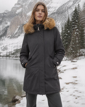 Parka de iarnă neagră, cu glugă și blană detașabilă