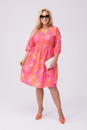Rochie plus size cu imprimeu floral roz-portocaliu