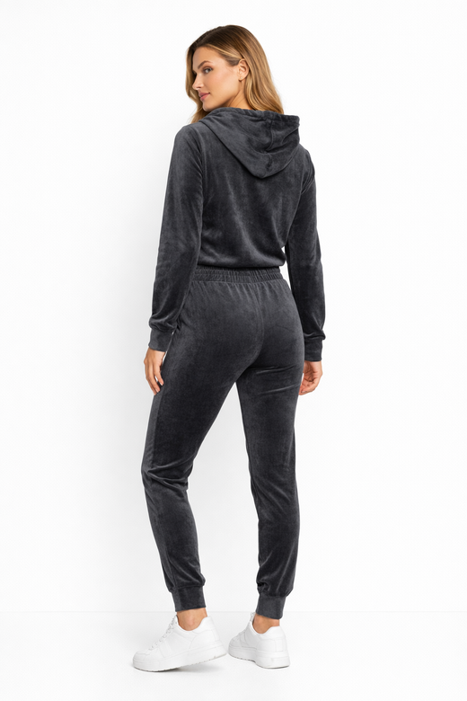 Set din velur de culoare grafit, compus din hanorac cu buzunar de cangur și pantaloni de trening