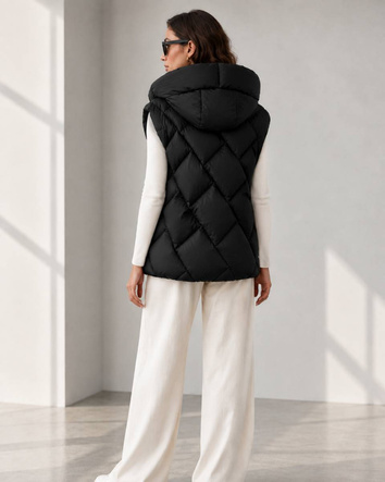 Vestă de damă oversize cu efect 3D și glugă, neagră 