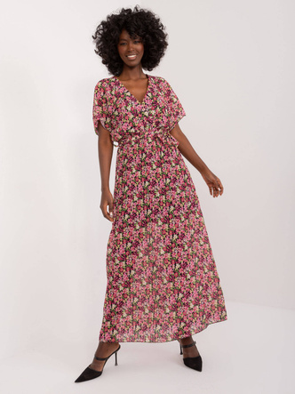 Rochie maxi plisată, negru-roz