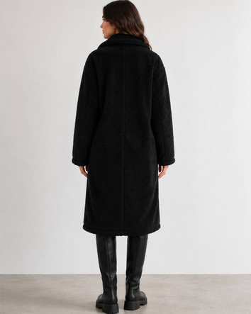 Palton negru pentru femei, tip „baranek”, oversize