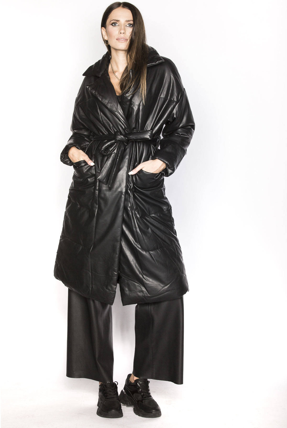 Palton negru oversize cu curea
