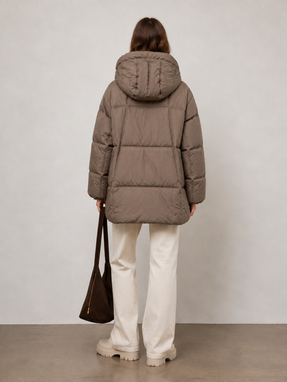 Jachetă de damă oversize din puf, de culoare maro deschis, tip puffer