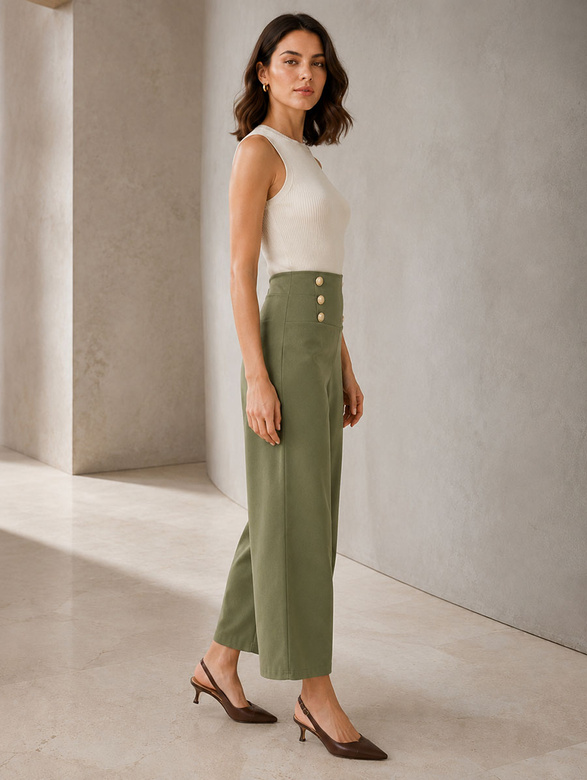 Pantaloni eleganți de damă, de culoare kaki, cu nasturi aurii