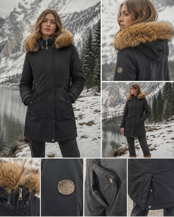 Parka de iarnă neagră, cu glugă și blană detașabilă