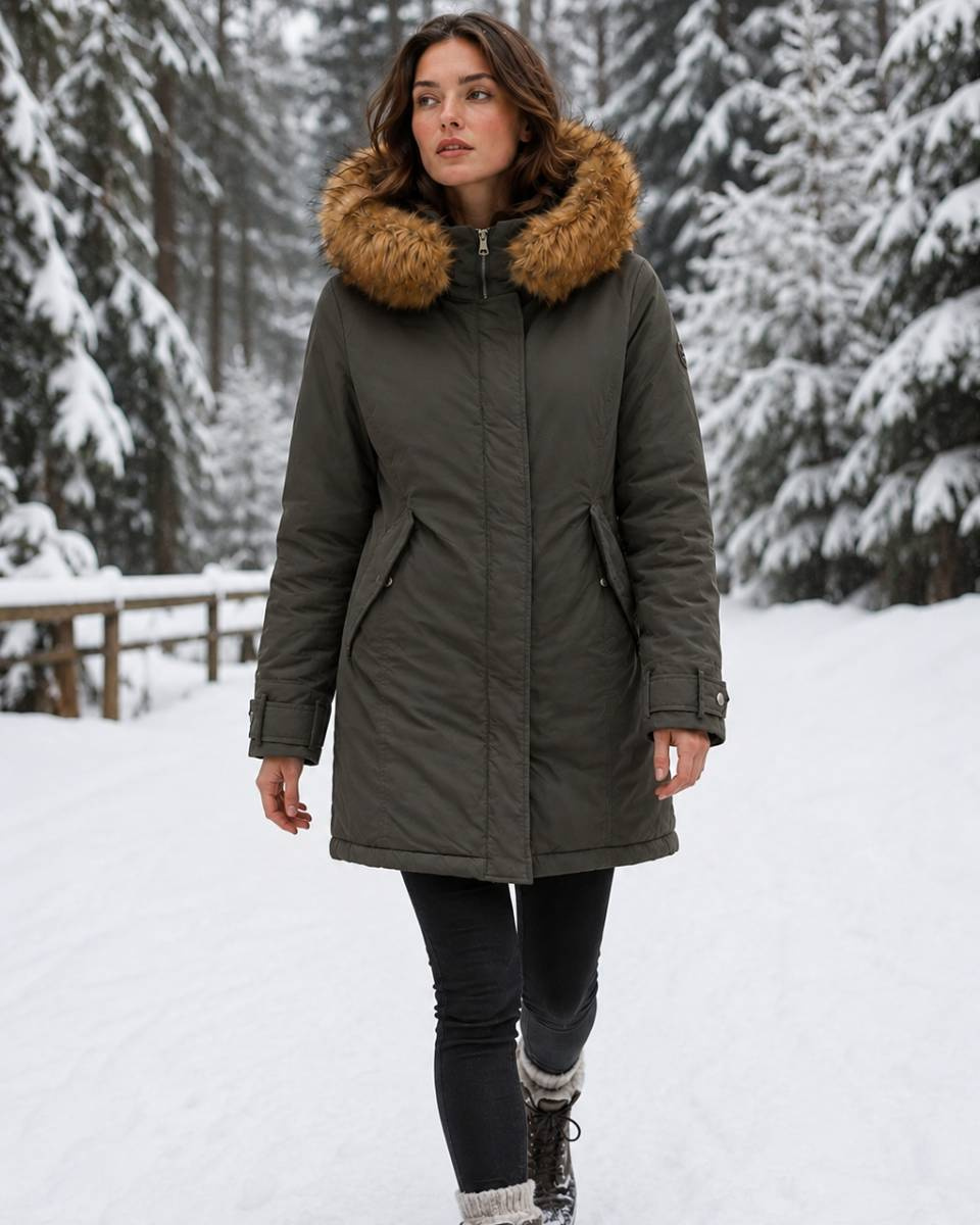 Parka de iarnă de culoare kaki, cu glugă și blană detașabilă