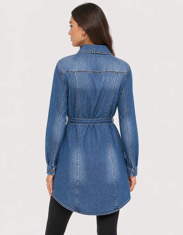 Tunică cu curea și guler, cu nasturi, albastru denim