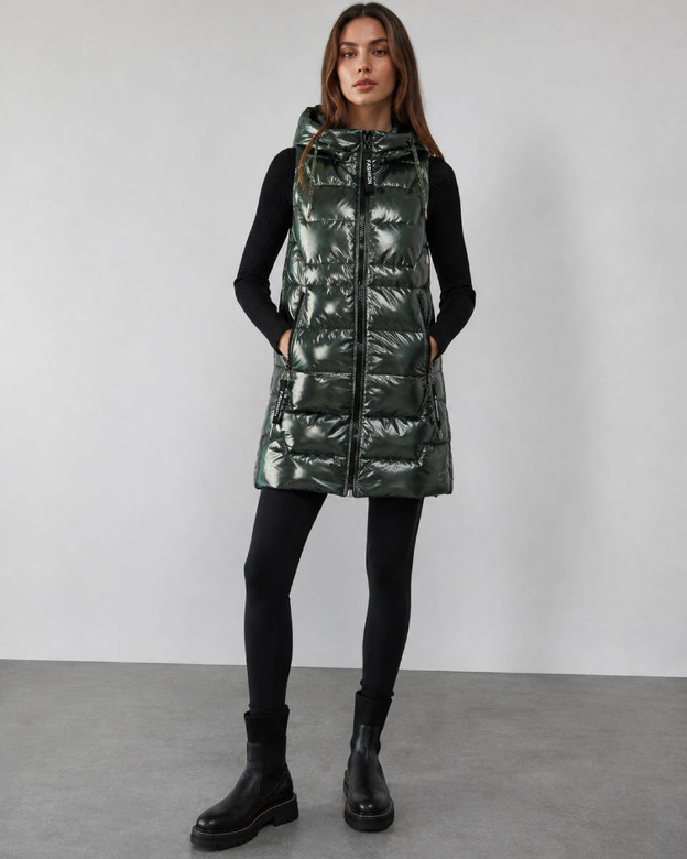 Vestă lucioasă de damă cu glugă, verde