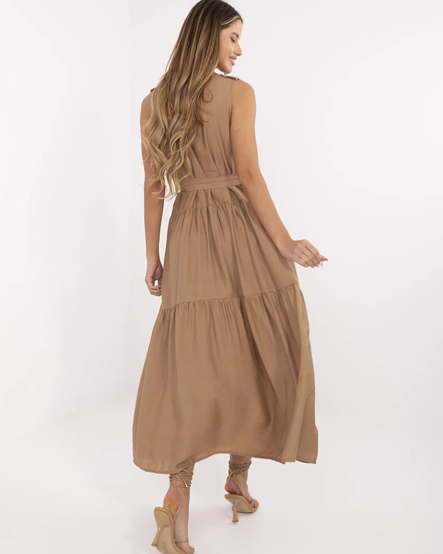 Rochie lungă, fără mâneci, de culoare bej închis