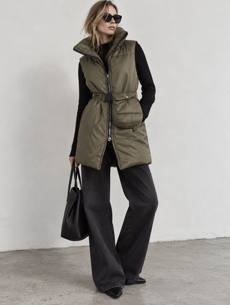 Vestă fără mâneci pentru femei, cu curea și borsetă, de culoare kaki