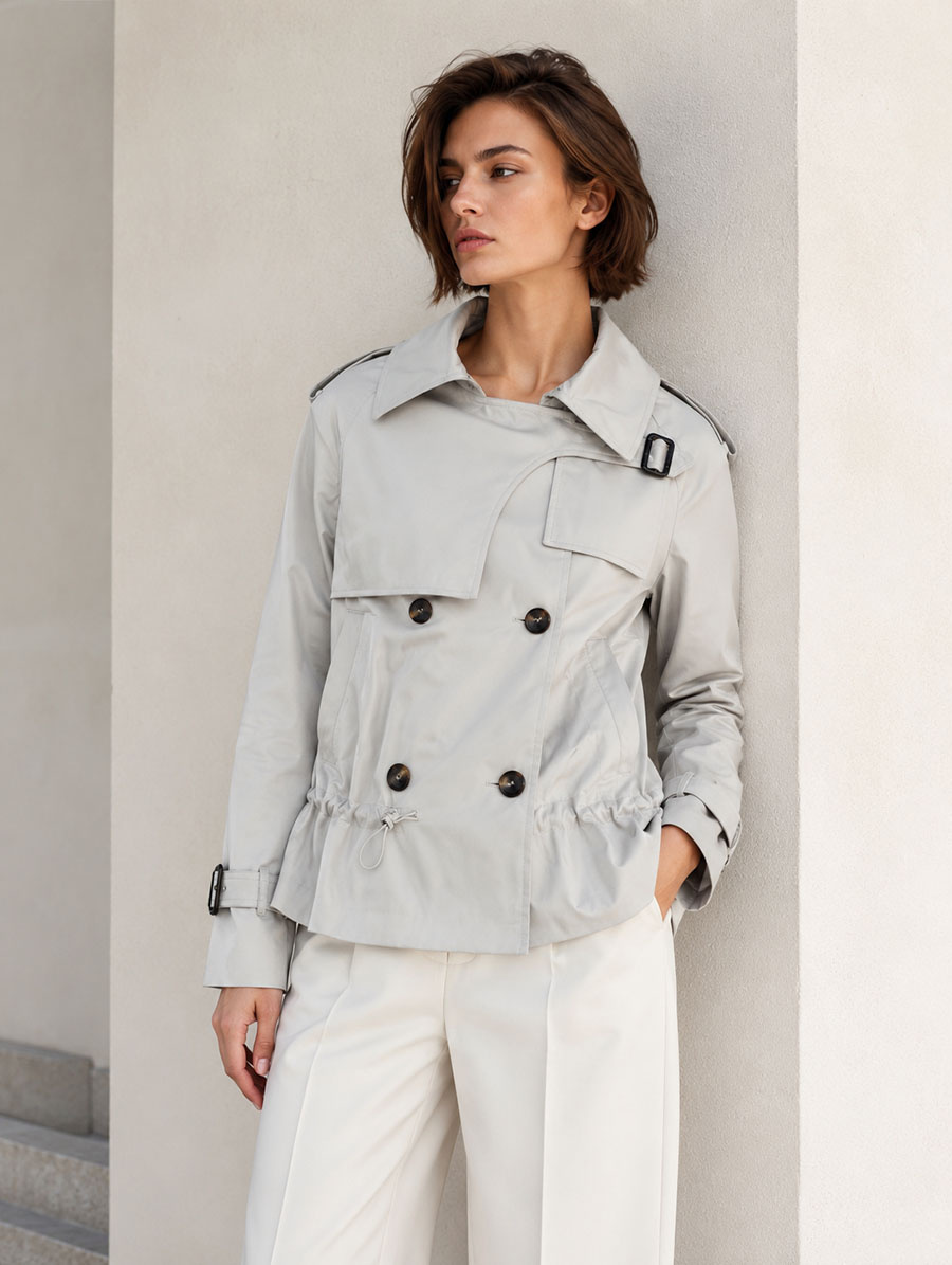 Un trench scurt, de culoare bej deschis