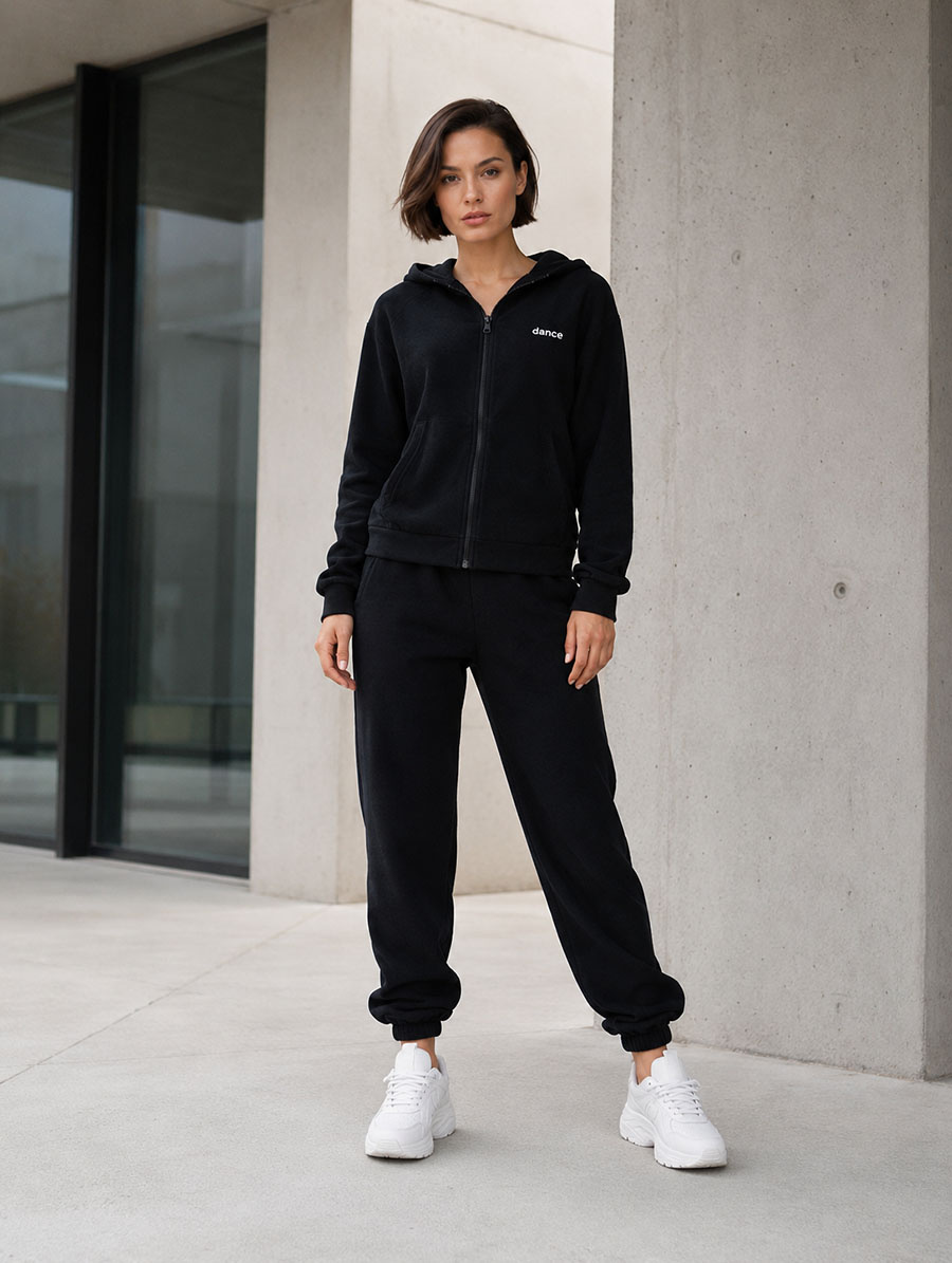 Set de trening din fleece pentru femei, de culoare neagră