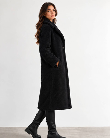 Palton negru pentru femei, tip „baranek”, oversize