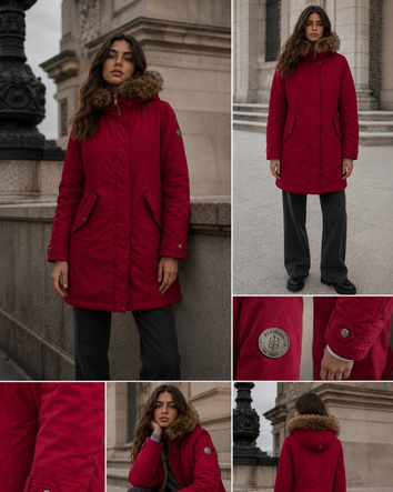 Parka roșie de iarnă cu glugă și blană detașabilă