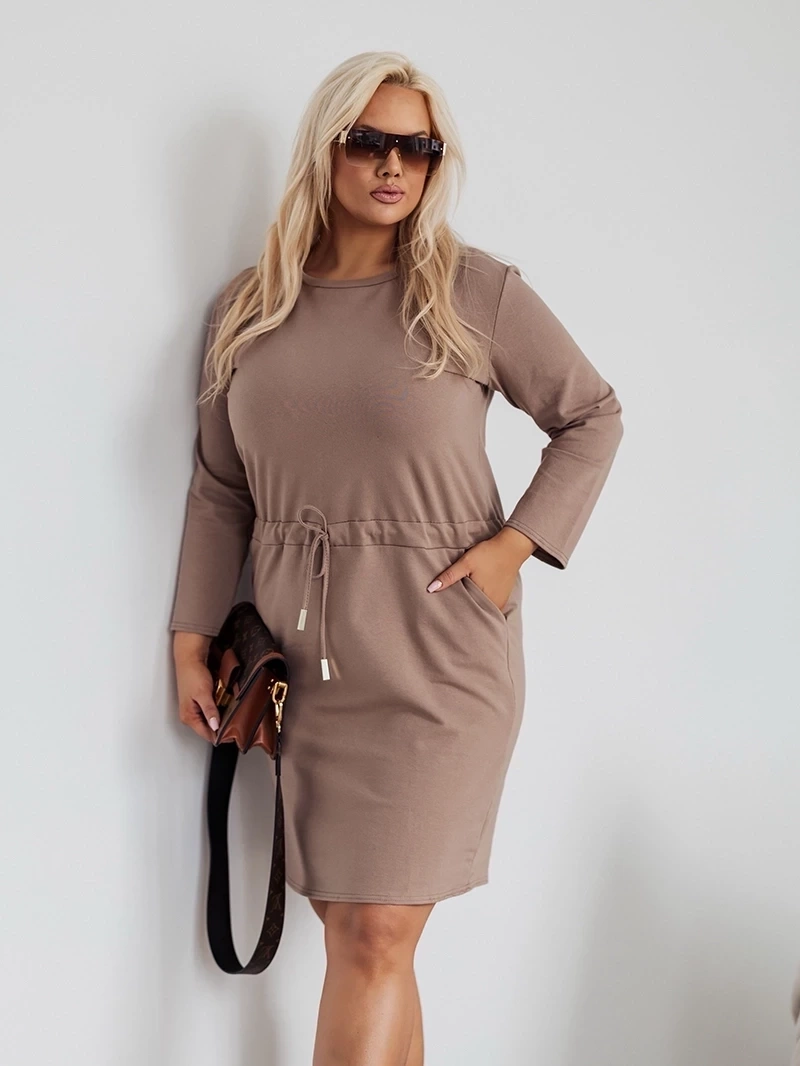 Rochie din bumbac pentru mărimi mari, cu mâneci 3/4, de culoare cappuccino