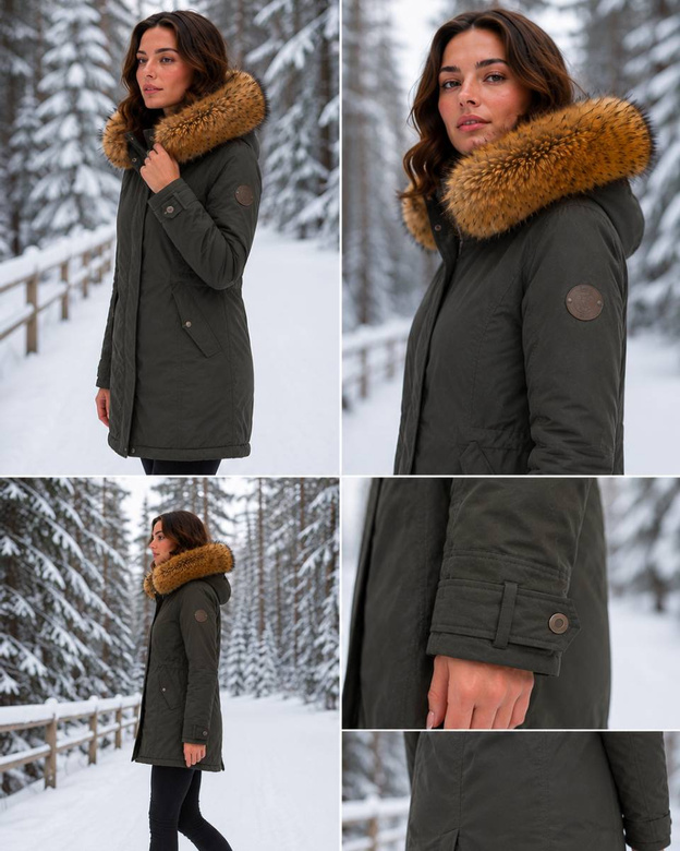 Parka de iarnă de culoare kaki, cu glugă și blană detașabilă