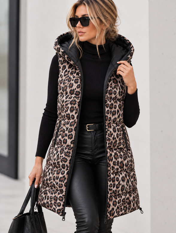 Vestă lungă tip 2 în 1, negru cu imprimeu leopard