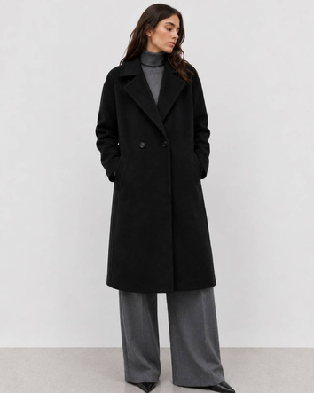 Palton negru oversize pentru femei, până la genunchi