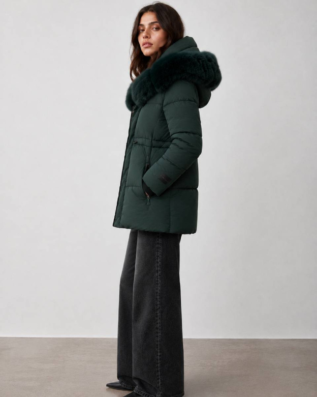 Jachetă de iarnă matlasată pentru femei, de culoare verde închis, cu bandă elastică la talie