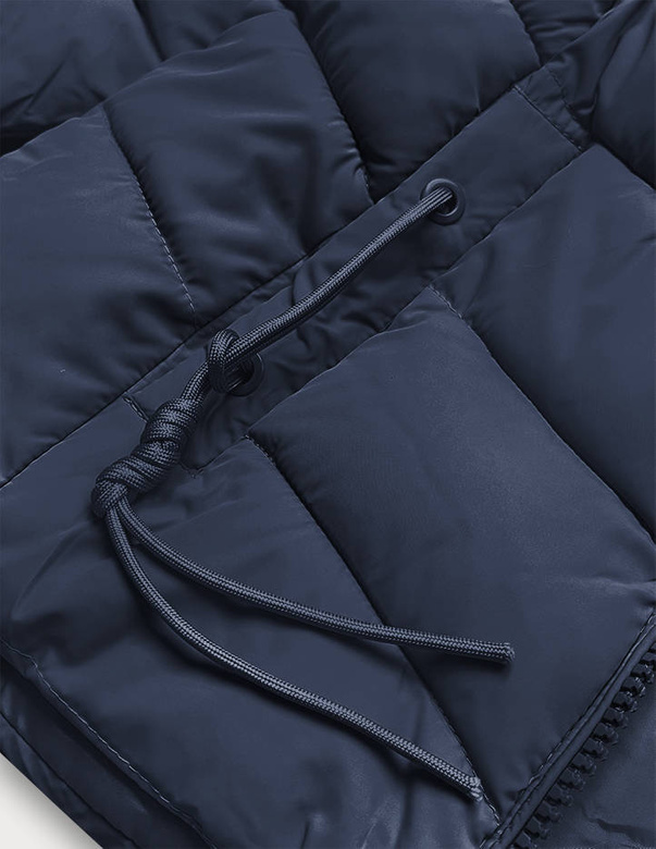 Jachetă de damă de culoare bleumarin, cu glugă detașabilă și blană