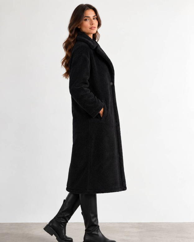 Palton negru pentru femei, tip „baranek”, oversize