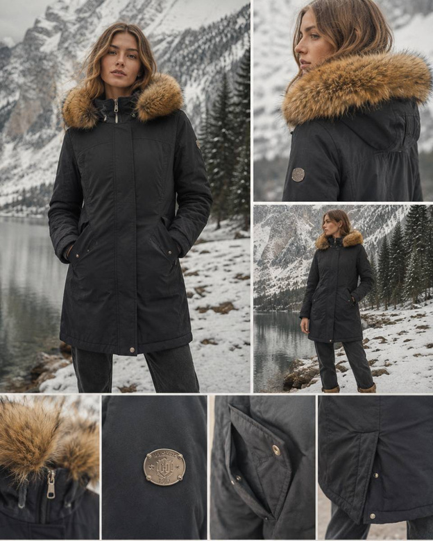 Parka de iarnă neagră, cu glugă și blană detașabilă