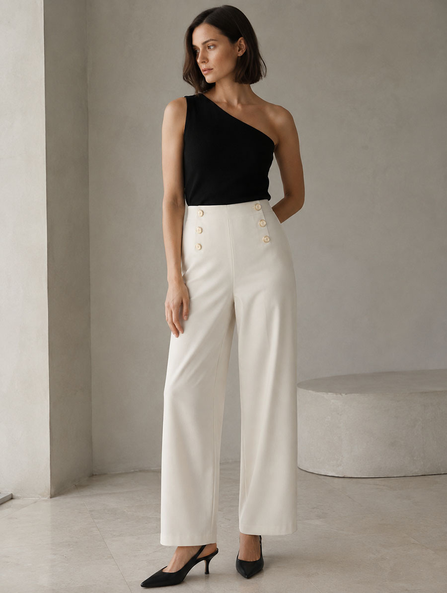 Pantaloni eleganți pentru femei, de culoare bej deschis, cu nasturi aurii