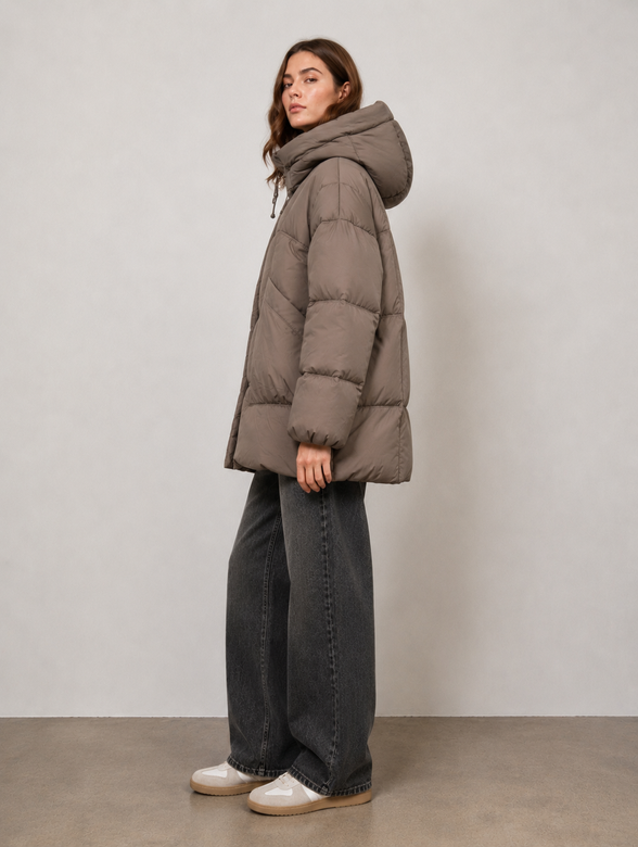 Jachetă de damă oversize, de tip puffer, din puf, de culoare bej