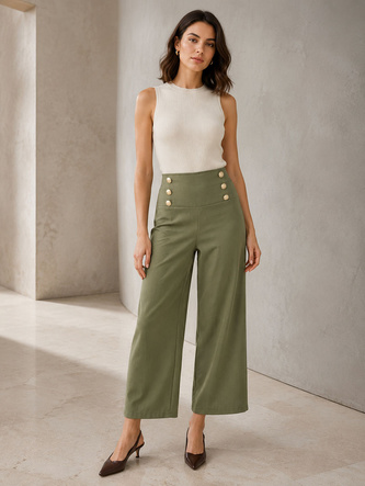 Pantaloni eleganți de damă, de culoare kaki, cu nasturi aurii
