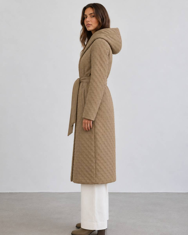 Palton feminin reversibil, cu glugă, de culoare camel