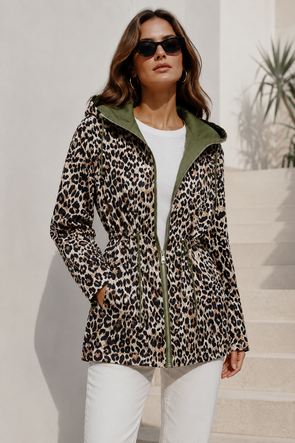 Jachetă subțire pentru femei, tip 2 în 1, cu imprimeu leopard verde