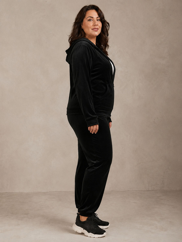 Set plus size: hanorac + pantaloni de trening din velur negru