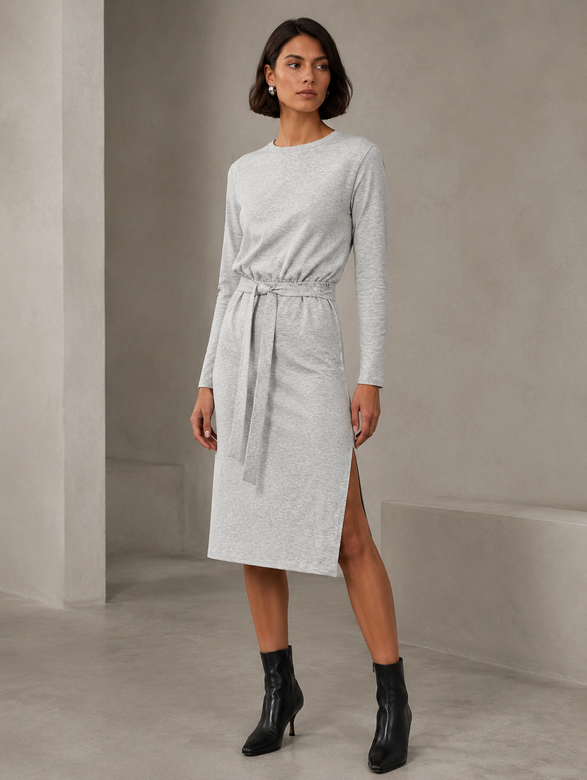 Rochie clasică din bumbac, cu mâneci lungi, de culoare gri