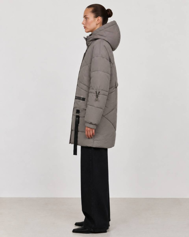 Jachetă puffer gri, oversize, cu glugă