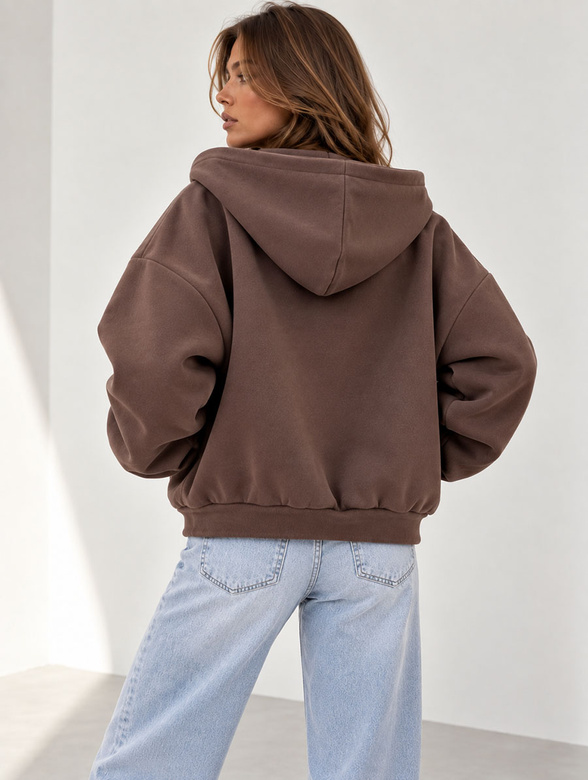Hanorac oversize de damă cu glugă, de culoare ciocolată
