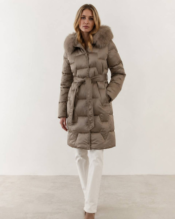 Jachetă de iarnă bej pentru femei, cu blană și curea
