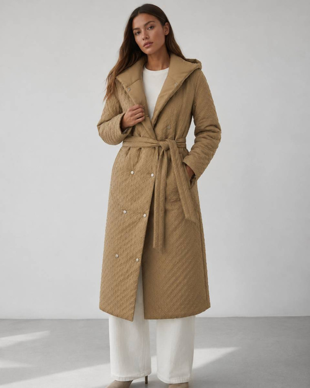 Palton feminin reversibil, cu glugă, de culoare camel