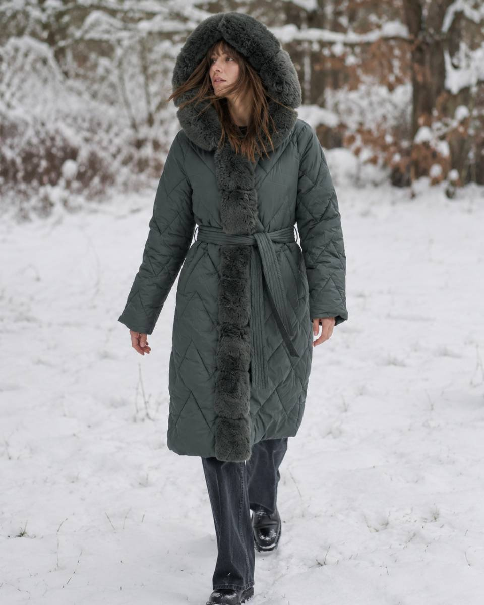 Jachetă de damă de culoare verde închis, cu curea și blană detașabilă