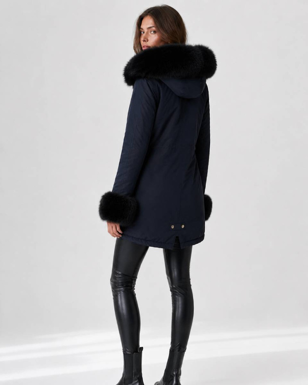 Parka de iarnă cu blană, de culoare bleumarin