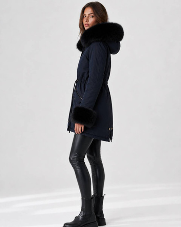 Parka de iarnă cu blană, de culoare bleumarin