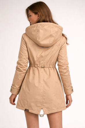 Parka minimalistă de culoare nisipie, cu glugă detașabilă