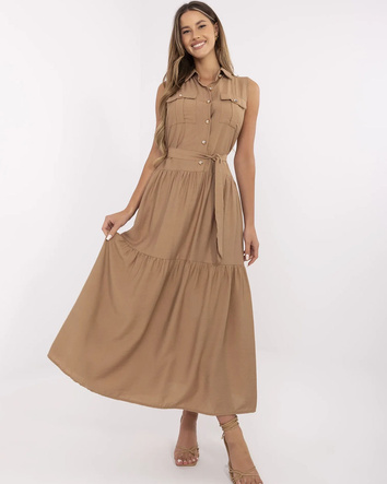 Rochie lungă, fără mâneci, de culoare bej închis