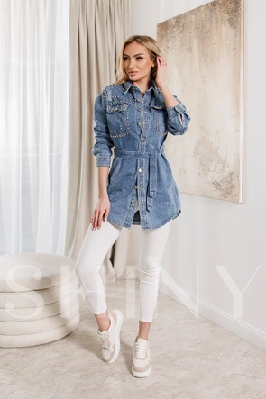 Jachetă din denim cu curea, albastră